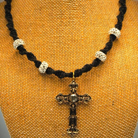 Antique Style Gold-Toned Cross Rhinestone on a 16 1/4" Handmade Black Hemp Chain - Picture 1 of 6